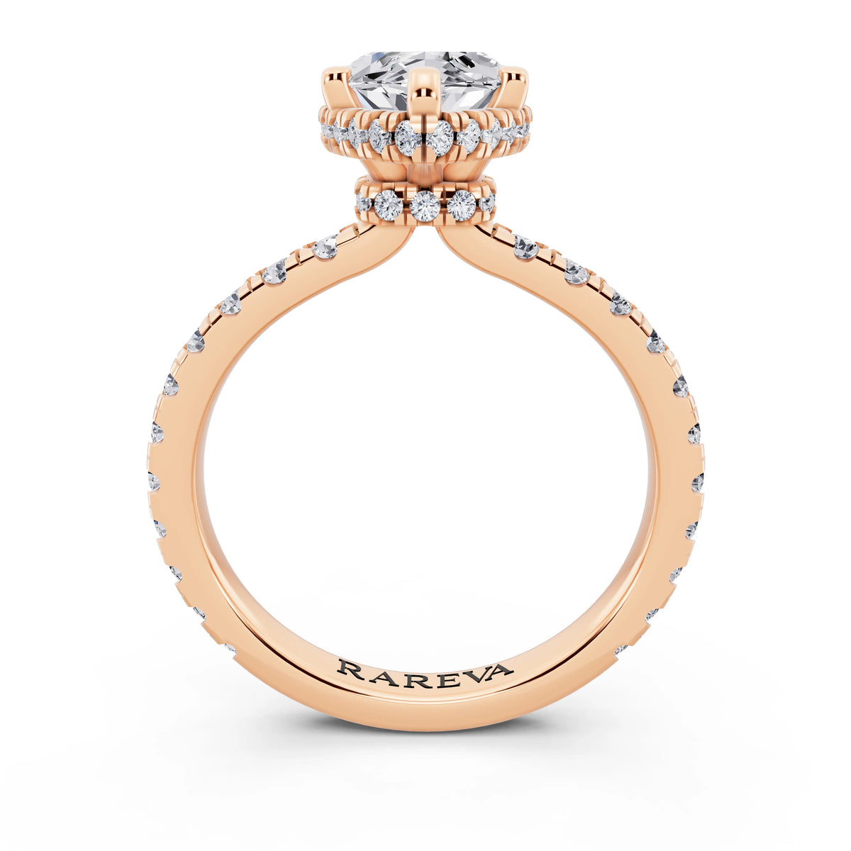 18 KT Rose Gold Marquise Cut Diamond Hidden Halo Ring with Pave Band - through finger