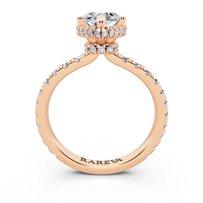 18 KT Rose Gold Marquise Cut Diamond Hidden Halo Ring with Pave Band - through finger