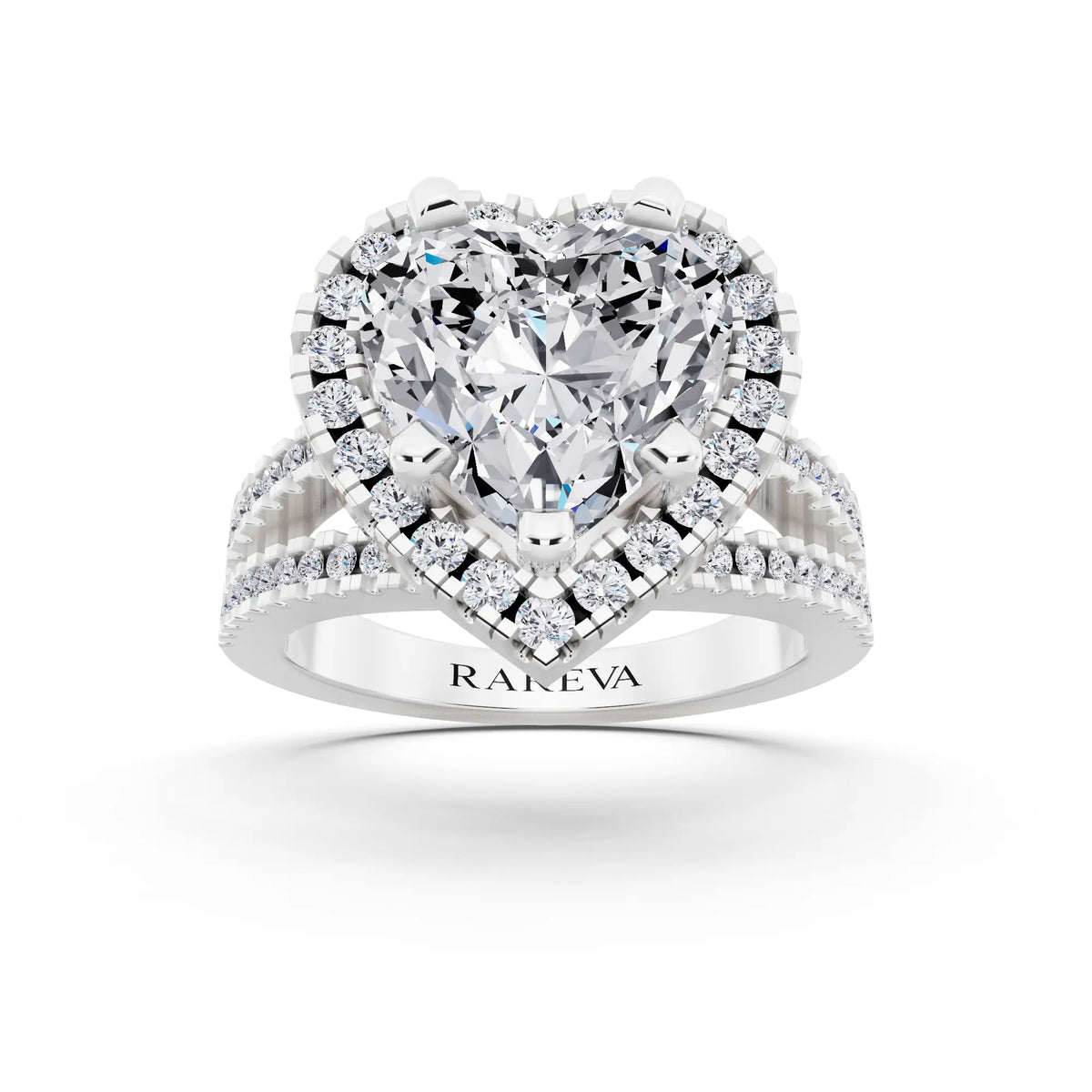 14 KT White Gold Heart Cut Diamond Halo Ring with Pave Split Shank - front view
