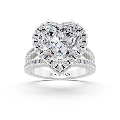 14 KT White Gold Heart Cut Diamond Halo Ring with Pave Split Shank - front view