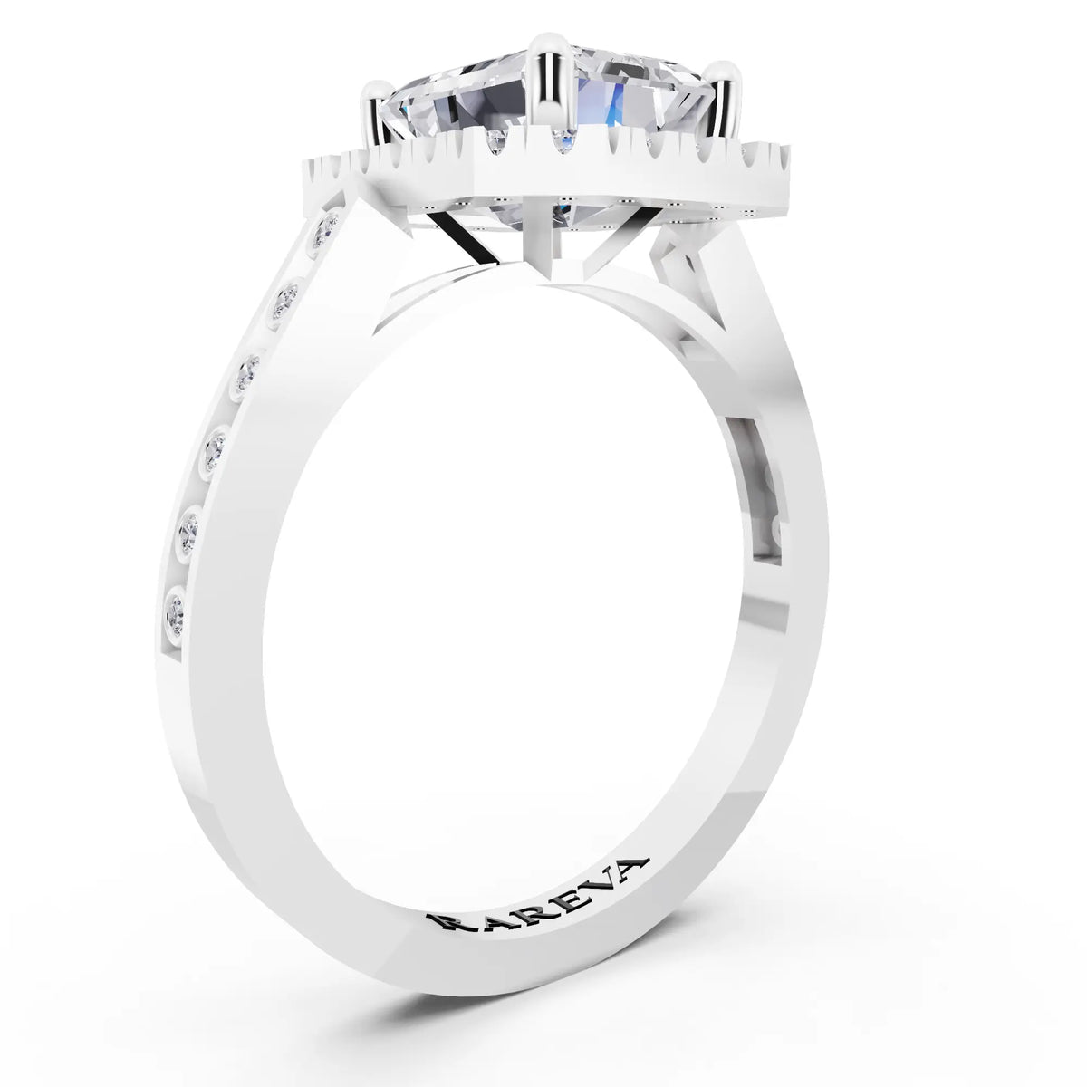 14 KT White Gold Emerald Cut Diamond Halo Ring with Bezel Accent Band - top view