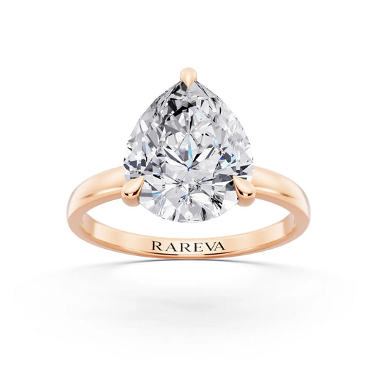 14 KT Rose Gold Pear Cut Diamond Solitaire Ring with Pave Collar - front view