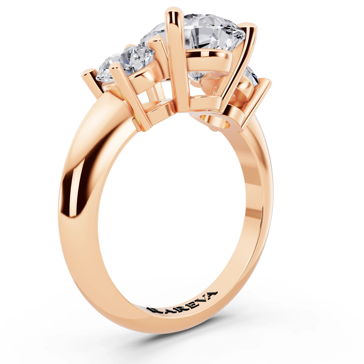 14 KT Rose Gold Pear Cut Diamond Three Stone Ring with Round Accents - top view