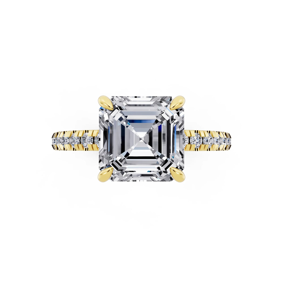 14 KT Yellow Gold Asscher Cut Diamond Solitaire Ring with Marquise Collar - top angle