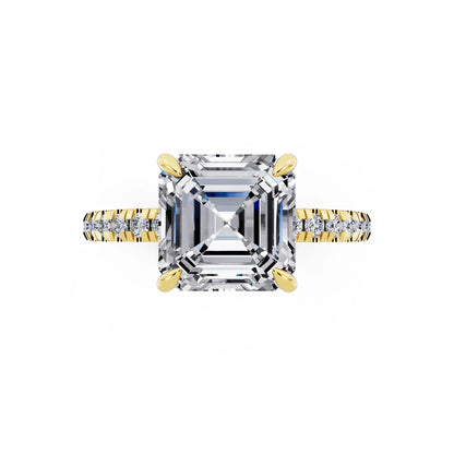 14 KT Yellow Gold Asscher Cut Diamond Solitaire Ring with Marquise Collar - top angle
