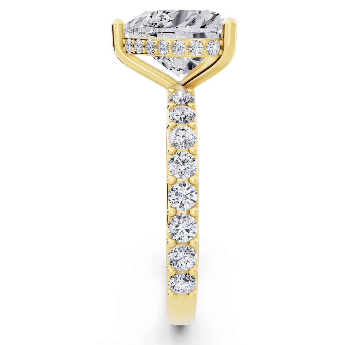 14 KT Yellow Gold Heart Cut Diamond Solitaire Ring with Hidden Halo and Pave Band - side view