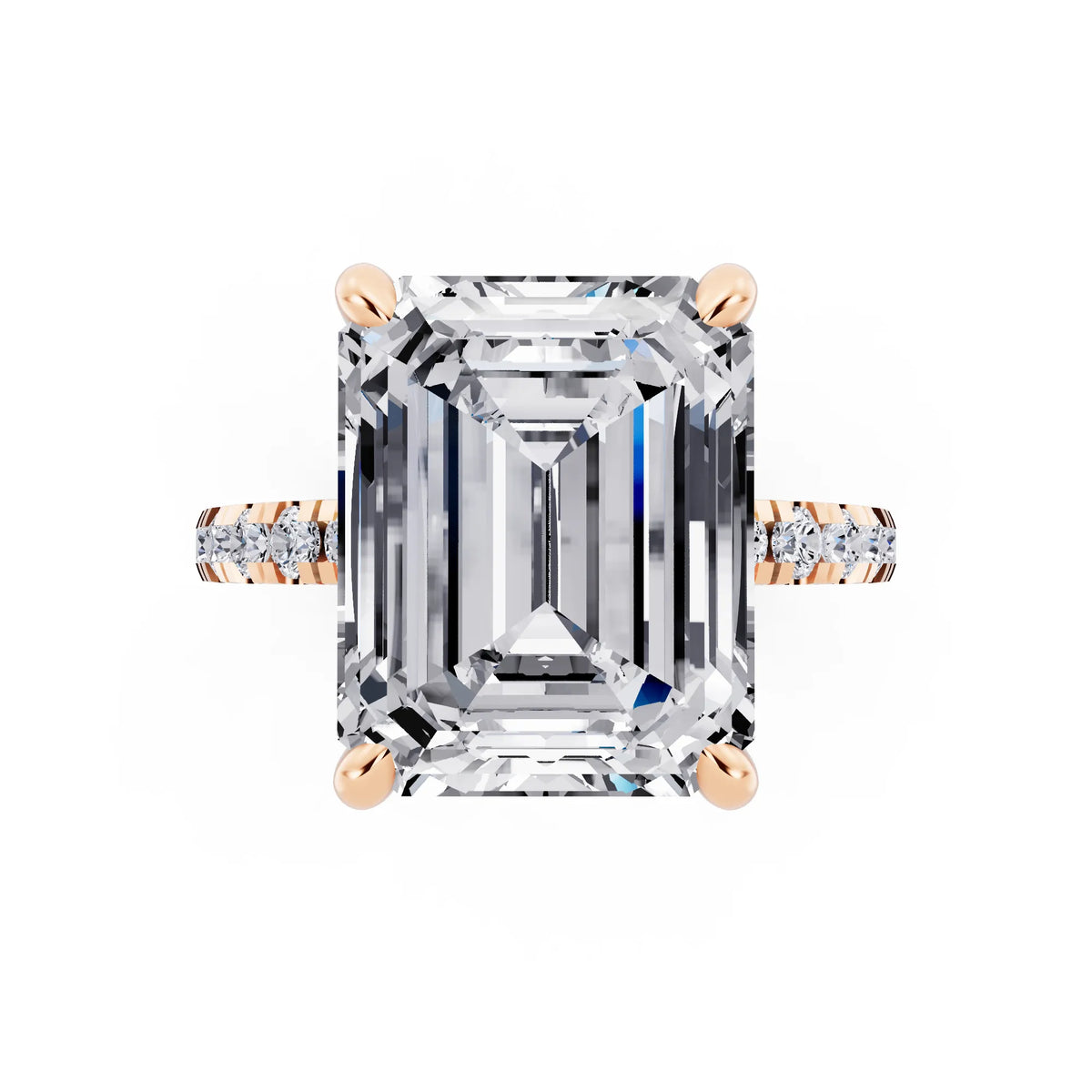 18 KT Rose Gold Emerald Cut Diamond Hidden Halo Tiger Prong Pave Band Ring - top angle