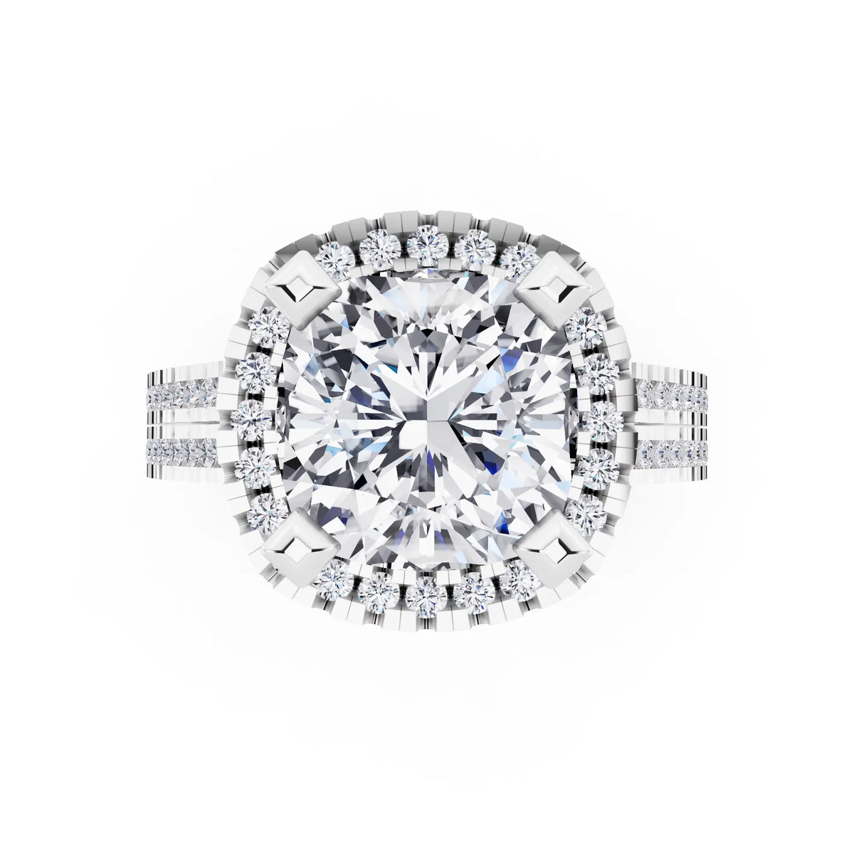 18 KT White Gold Cushion Cut Diamond Halo Ring with Twin Pave Band - top angle