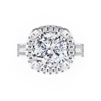 18 KT White Gold Cushion Cut Diamond Halo Ring with Twin Pave Band - top angle