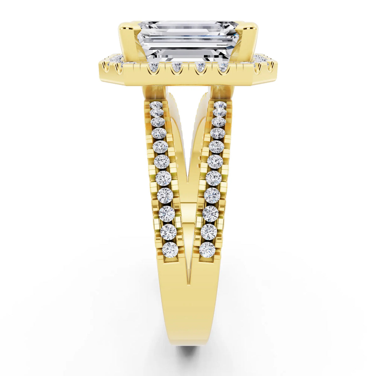 14 KT Yellow Gold Emerald Cut Diamond Halo Ring with Pave Split Shank - side view
