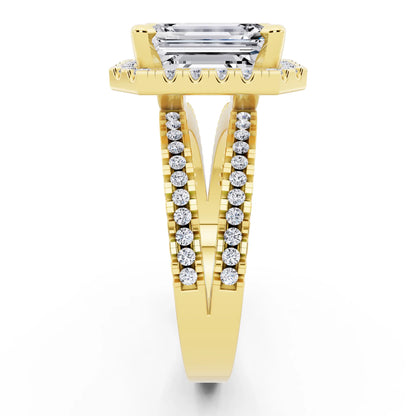 14 KT Yellow Gold Emerald Cut Diamond Halo Ring with Pave Split Shank - side view