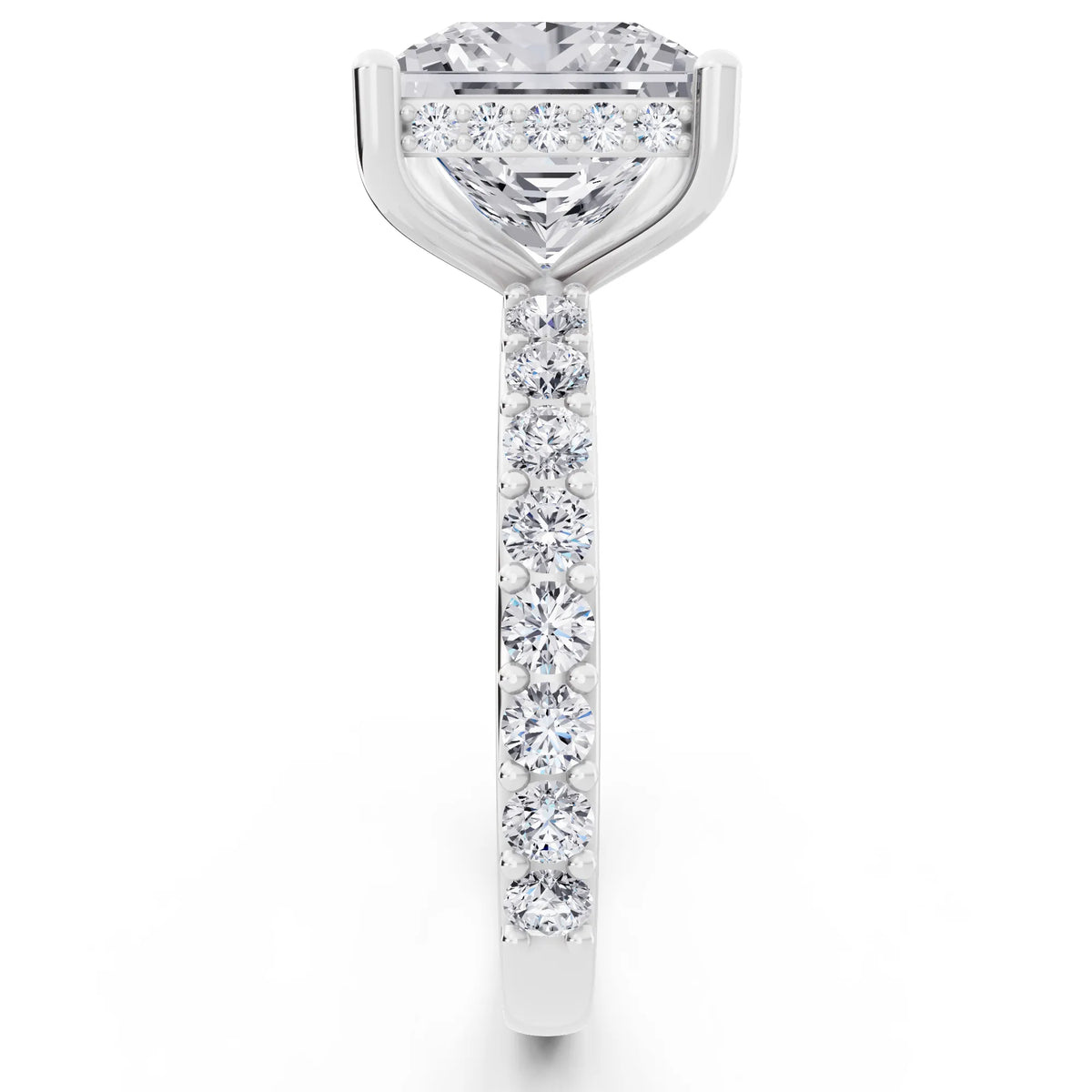 14 KT White Gold Princess Cut Diamond Solitaire Ring with Hidden Halo and Pave Band - side view