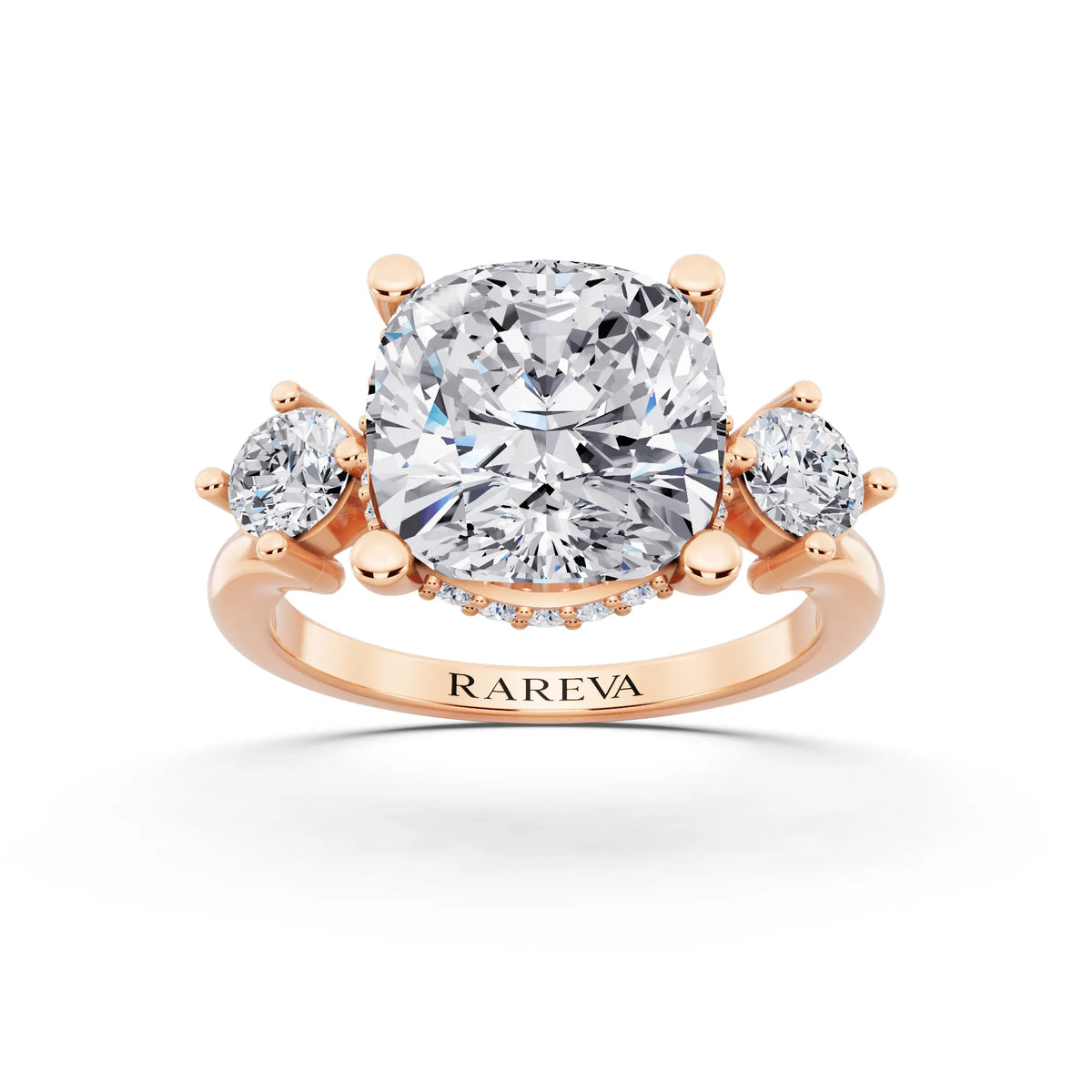 18 KT Rose Gold Cushion Cut Diamond Three Stone Engagement Ring with Hidden Halo - front view