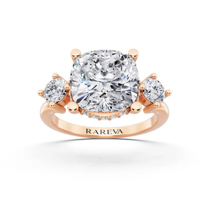 18 KT Rose Gold Cushion Cut Diamond Three Stone Engagement Ring with Hidden Halo - front view