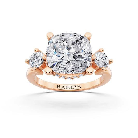 18 KT Rose Gold Cushion Cut Diamond Three Stone Engagement Ring with Hidden Halo - front view