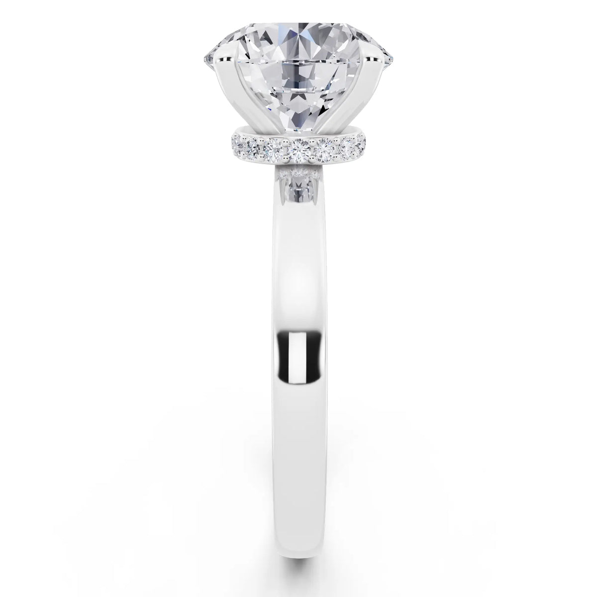 Platinum Round Cut Diamond Solitaire Ring with Pave Collar - side view