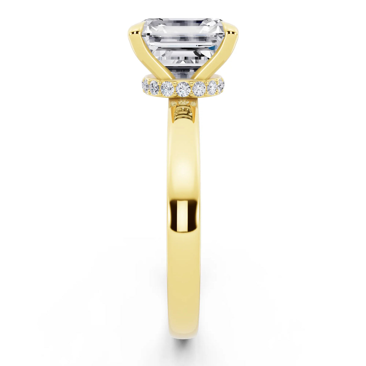 18 KT Yellow Gold Asscher Cut Diamond Solitaire Ring with Pave Collar - side view