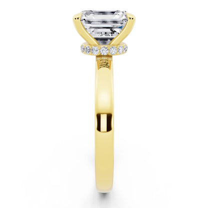 18 KT Yellow Gold Asscher Cut Diamond Solitaire Ring with Pave Collar - side view