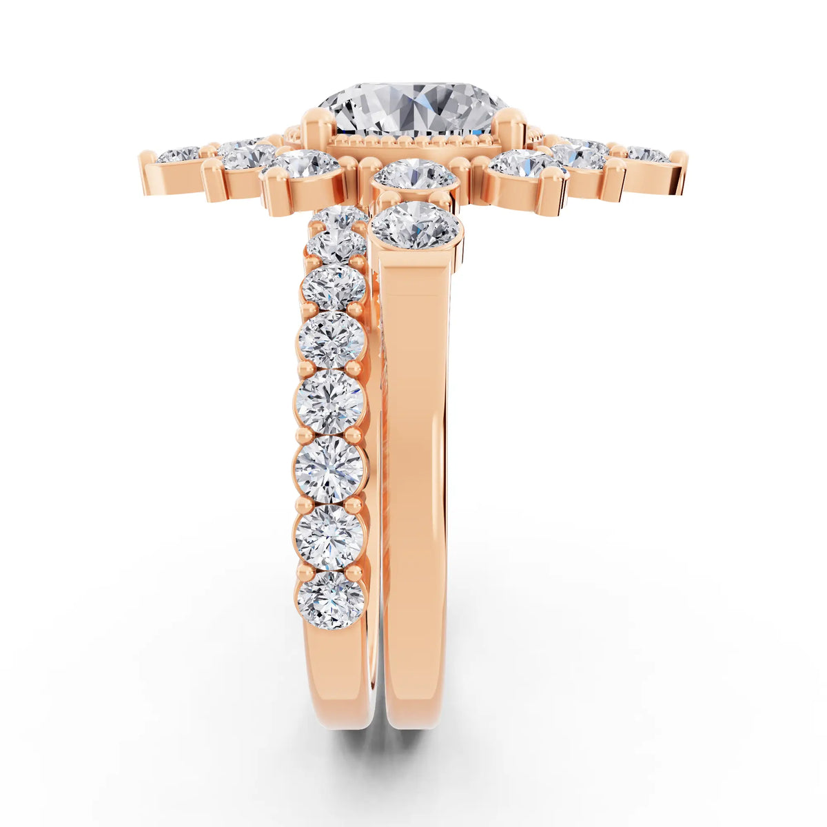 14 KT Rose Gold Round Cut Diamond Starburst Halo Ring - Side view