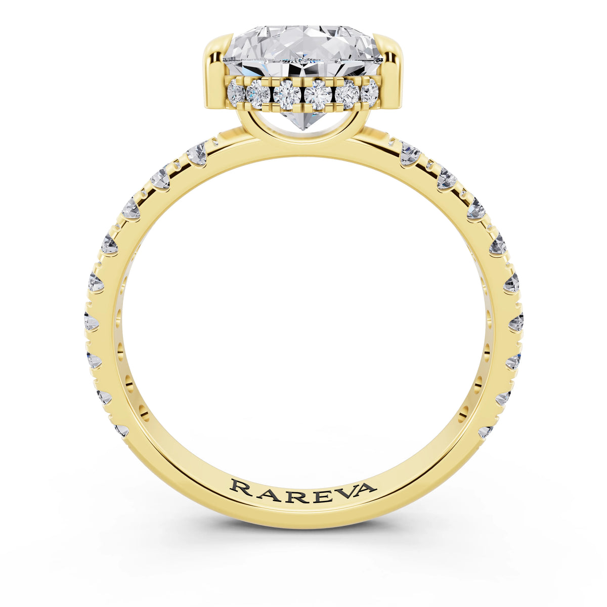18 KT Yellow Gold Pear Cut Diamond Solitaire Ring with Hidden Halo and French Pave Band - through finger