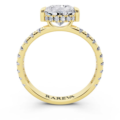 18 KT Yellow Gold Pear Cut Diamond Solitaire Ring with Hidden Halo and French Pave Band - through finger