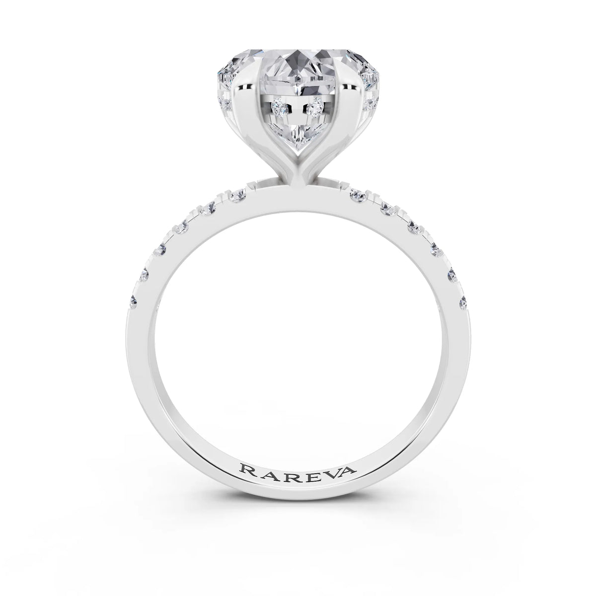 Platinum Heart Cut Diamond Solitaire Ring with Round Pavé Band and Prong Setting - through finger