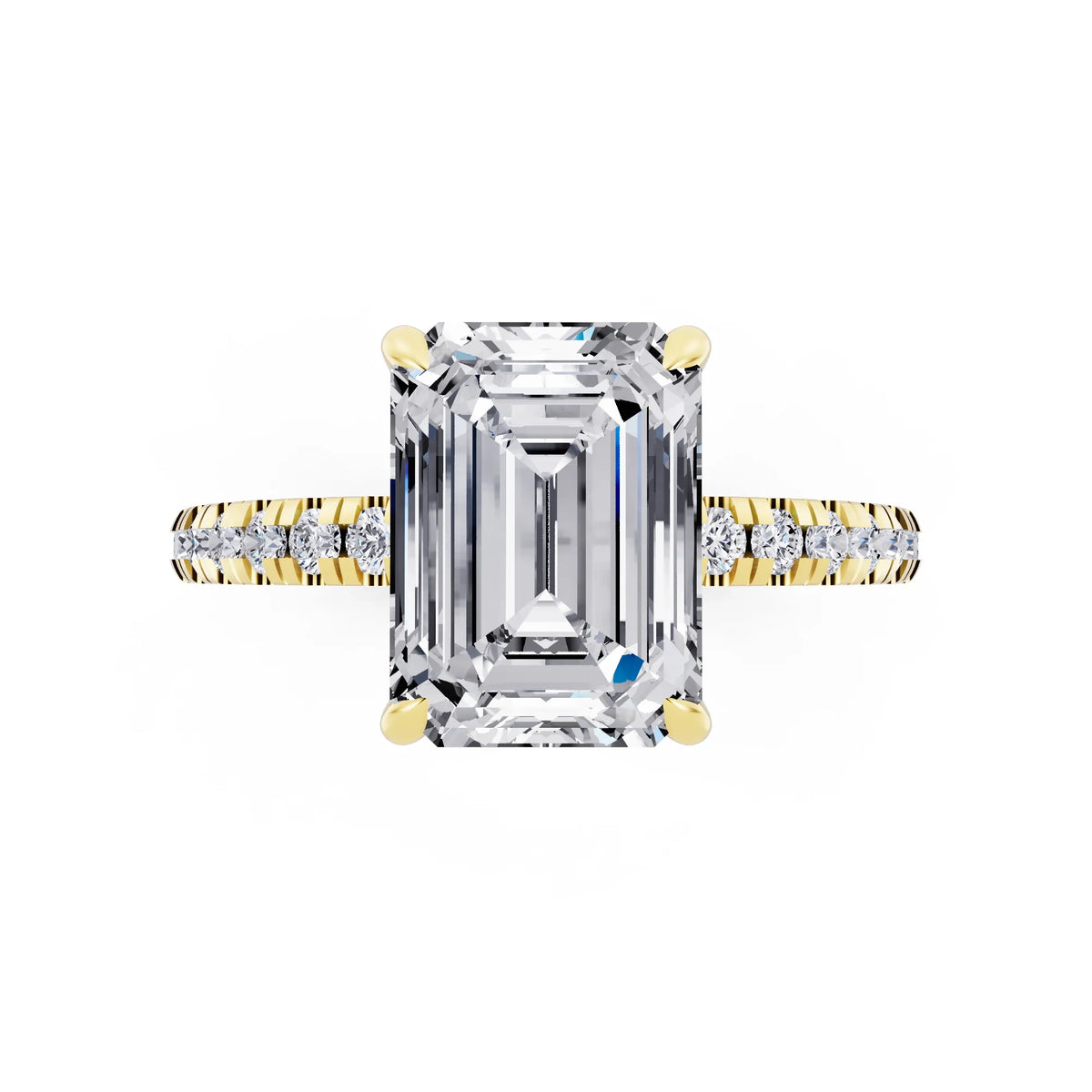 18 KT Yellow Gold Emerald Cut Diamond Solitaire Ring with Marquise Collar - top angle