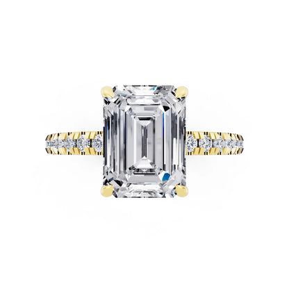 18 KT Yellow Gold Emerald Cut Diamond Solitaire Ring with Marquise Collar - top angle