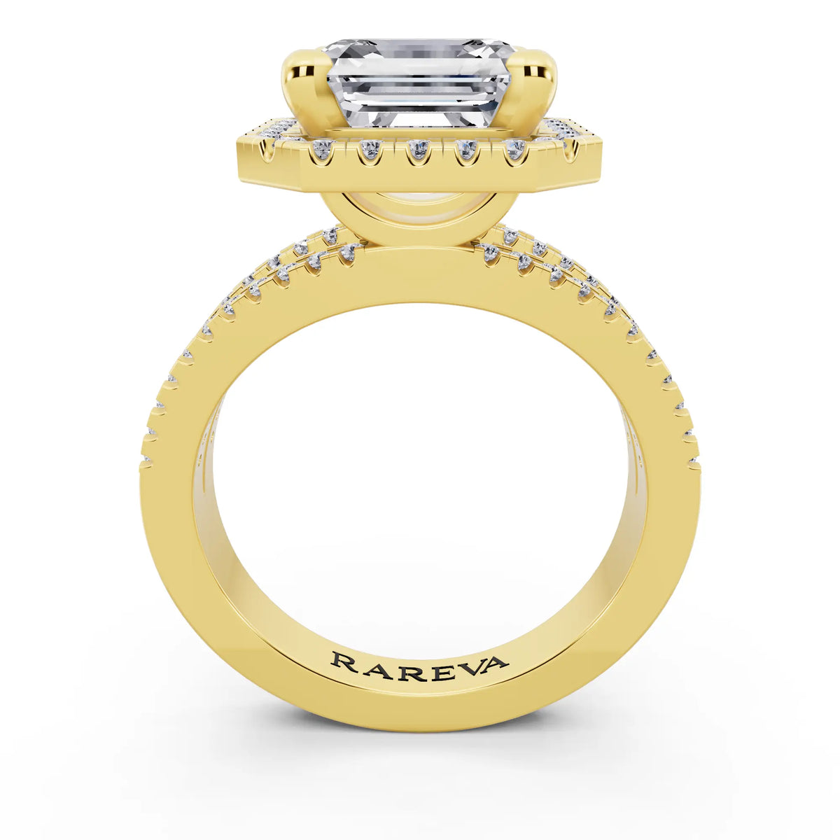 18 KT Yellow Gold Asscher Cut Diamond Halo Ring with Pave Split Shank - through finger
