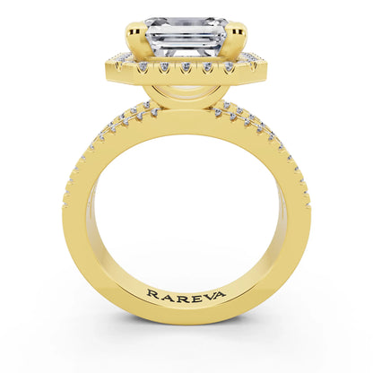 18 KT Yellow Gold Asscher Cut Diamond Halo Ring with Pave Split Shank - through finger