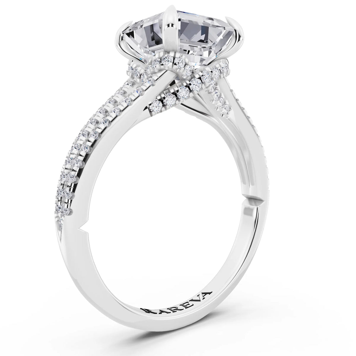 14 KT White Gold Asscher Cut Diamond Ring with Pavé Split Shank - top view