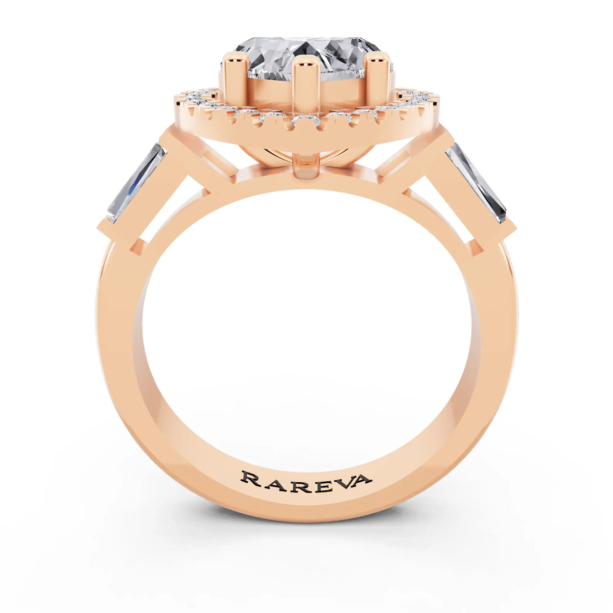 18 KT Rose Gold Heart Cut Diamond Halo Ring with Baguette Accents - through finger