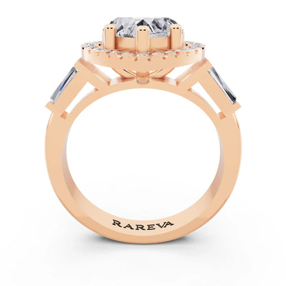 18 KT Rose Gold Heart Cut Diamond Halo Ring with Baguette Accents - through finger