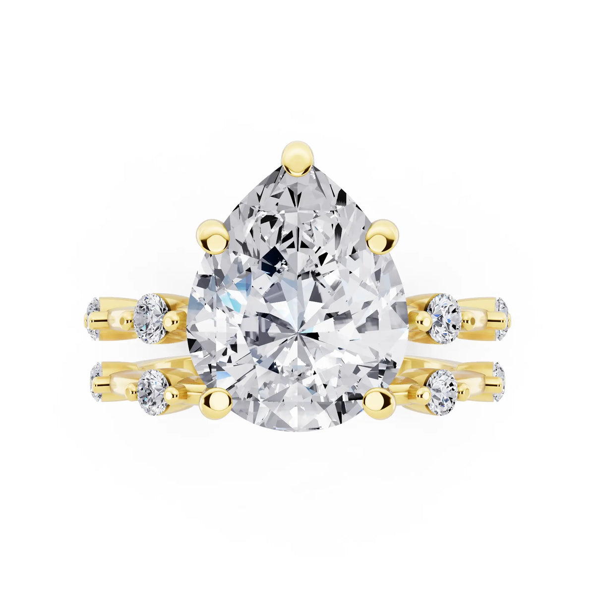 14 KT Yellow Gold Pear Cut Diamond Ring with Floating Accent Band - top angle