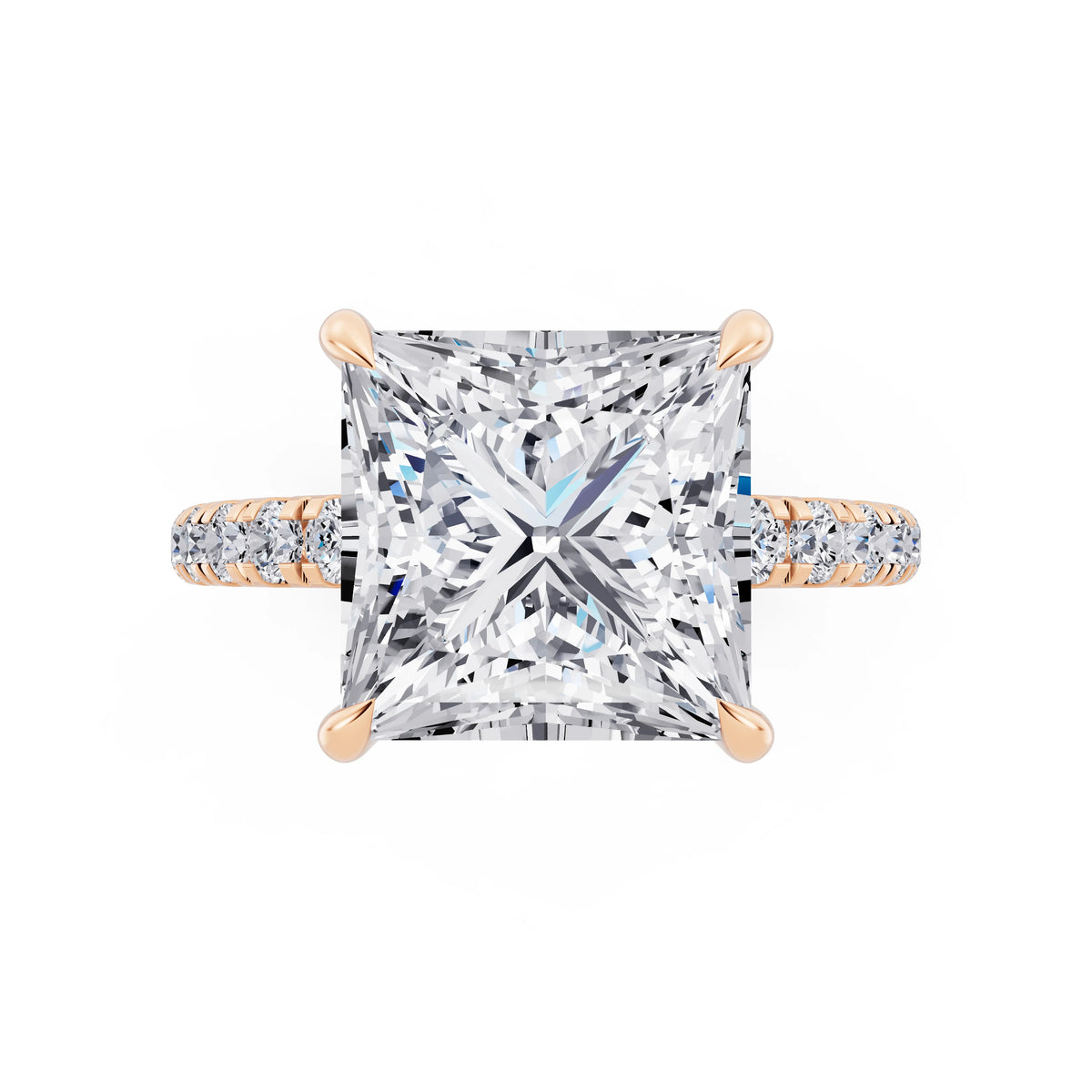 18 KT Rose Gold Princess Cut Diamond Solitaire Ring with Hidden Halo and French Pave Band - top angle