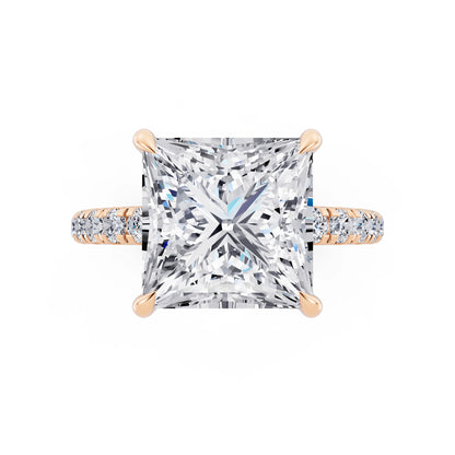 18 KT Rose Gold Princess Cut Diamond Solitaire Ring with Hidden Halo and French Pave Band - top angle