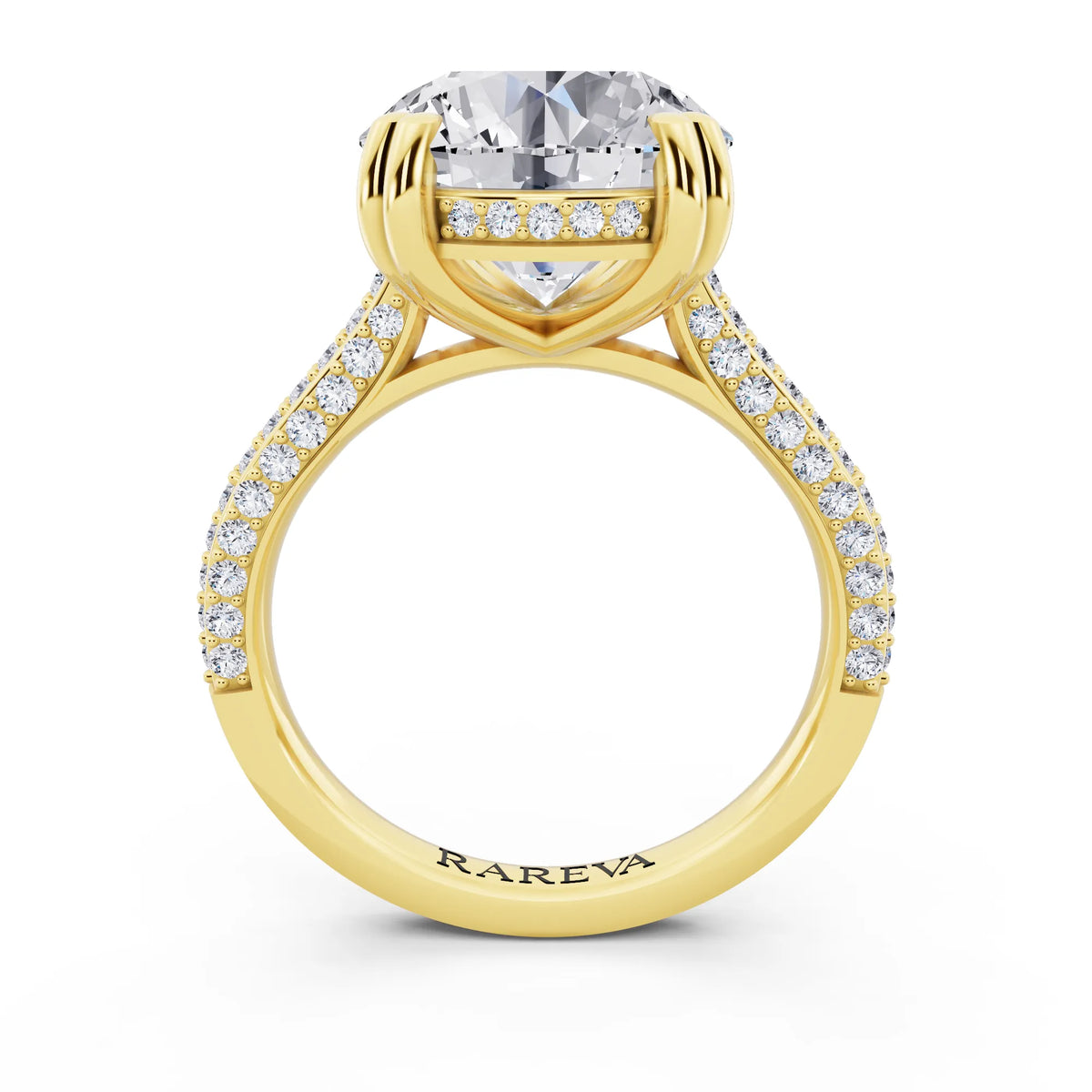 18 KT Yellow Gold Round Cut Diamond Hidden Halo Double Claw Pave Band Ring - through finger