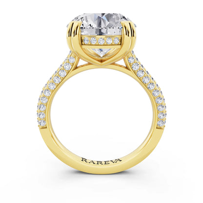 18 KT Yellow Gold Round Cut Diamond Hidden Halo Double Claw Pave Band Ring - through finger