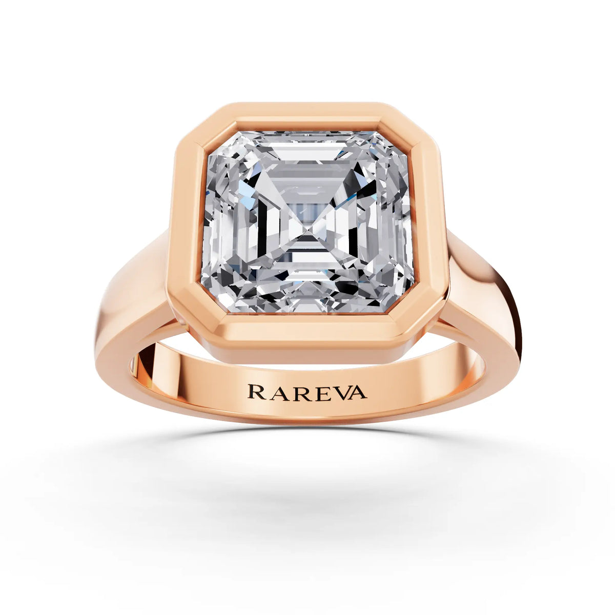 14 KT Rose Gold Asscher Cut Diamond Bezel Set Solitaire Ring - top angle