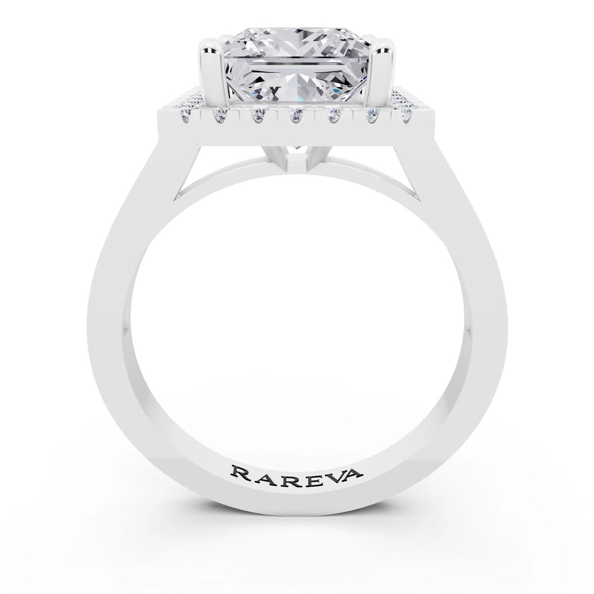 Platinum Princess Cut Diamond Halo Ring with Bezel Accent Band - through finger