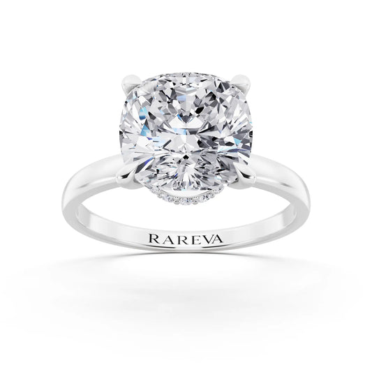 18 KT White Gold Cushion Cut Diamond Solitaire Ring with Pave Collar - front view