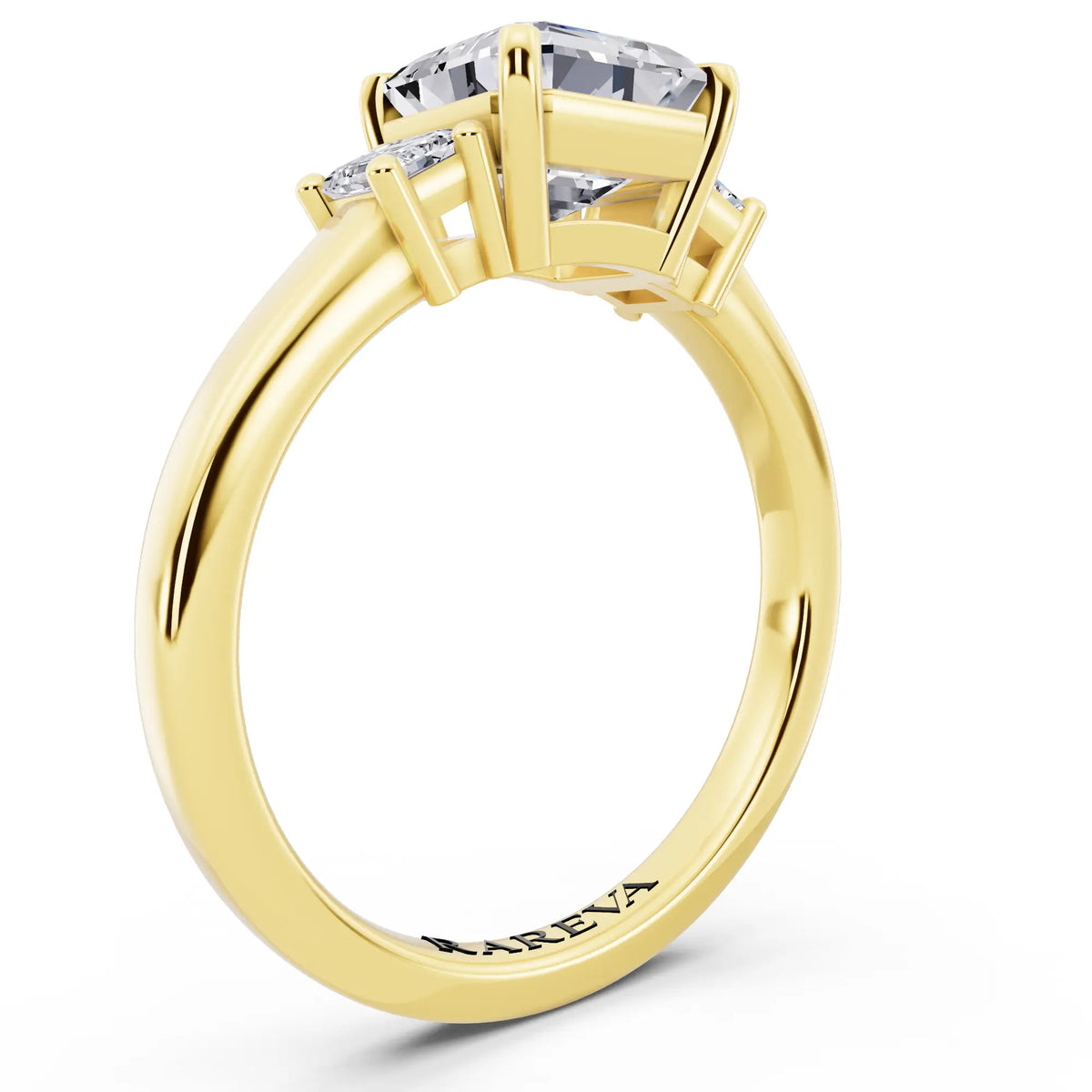18 KT Yellow Gold Asscher Cut Diamond Three Stone Emerald Accent Ring - top view