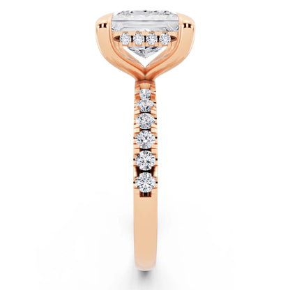 14 KT Rose Gold Princess Cut Diamond Solitaire Ring with Round Pavé Band and Prong Setting - side view