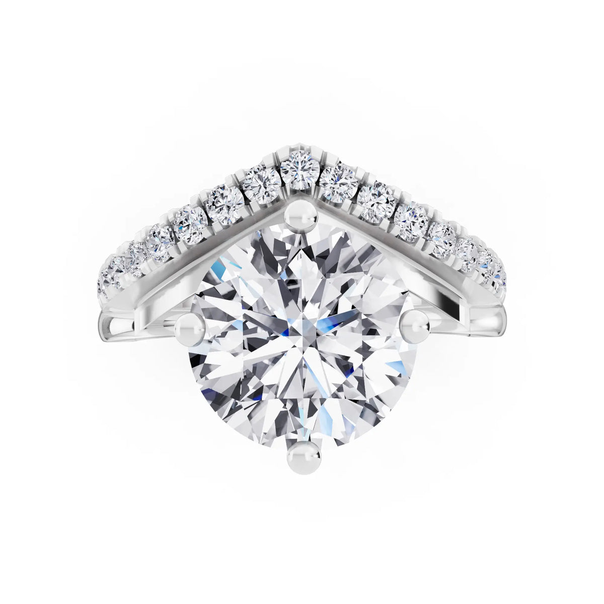 Platinum Round Cut Diamond Solitaire Ring with Pave V Band - Top down