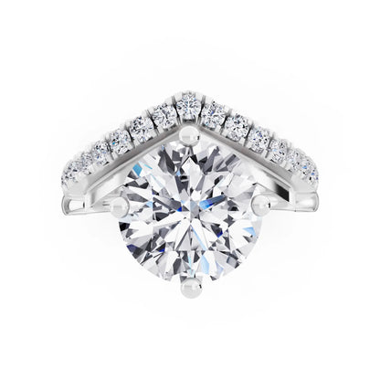 Platinum Round Cut Diamond Solitaire Ring with Pave V Band - Top down
