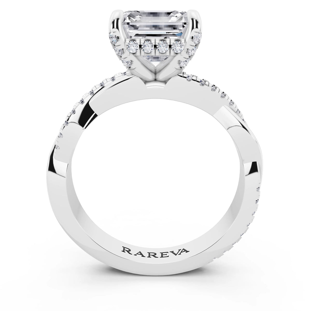 14 KT White Gold Asscher Cut Diamond Hidden Halo Ring with Twisted Pave Band - through finger