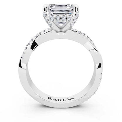 14 KT White Gold Asscher Cut Diamond Hidden Halo Ring with Twisted Pave Band - through finger