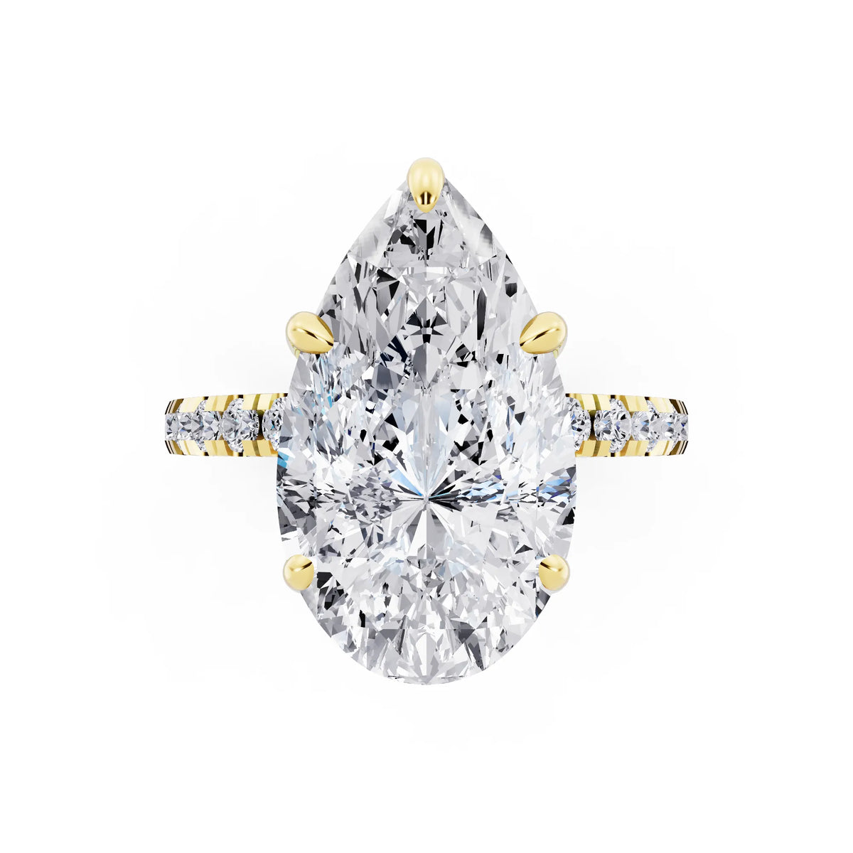 14 KT Yellow Gold Pear Cut Diamond Hidden Halo Tiger Prong Pave Band Ring - top angle