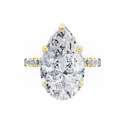 14 KT Yellow Gold Pear Cut Diamond Hidden Halo Tiger Prong Pave Band Ring - top angle