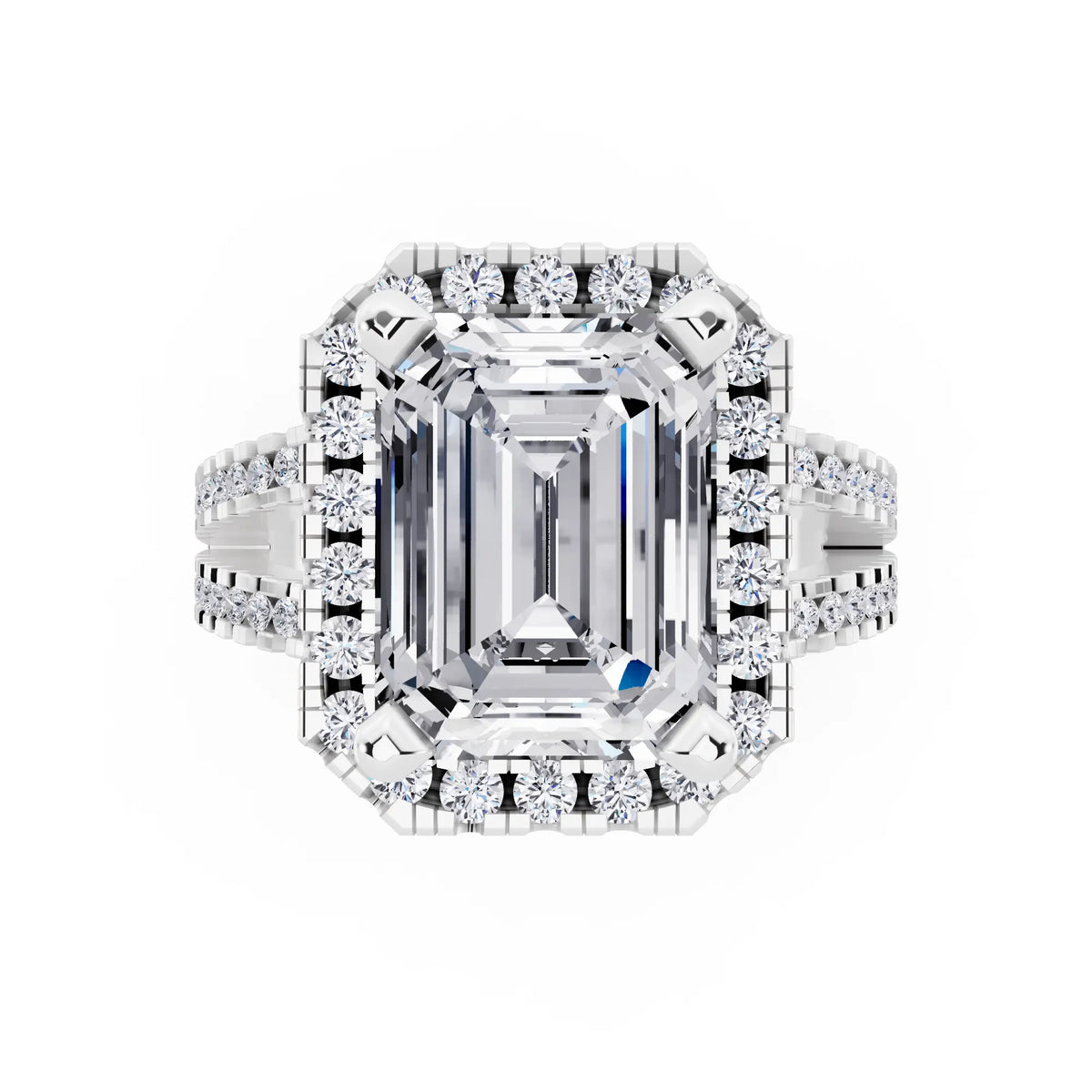 18 KT White Gold Emerald Cut Diamond Halo Ring with Pave Split Shank - top angle